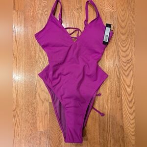 TA3 Hi Cut Plungey Vibrant Purple Orchid One-Piece Swimsuit M Sexy Tie Back NWT
